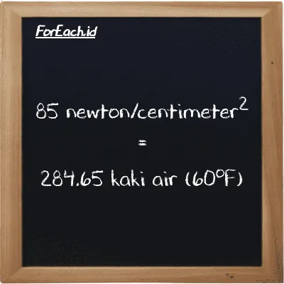 Cara konversi newton/centimeter<sup>2</sup> ke kaki air (60<sup>o</sup>F) (N/cm<sup>2</sup> ke ftH2O): 85 newton/centimeter<sup>2</sup> (N/cm<sup>2</sup>) setara dengan 85 dikalikan dengan 3.3488 kaki air (60<sup>o</sup>F) (ftH2O)